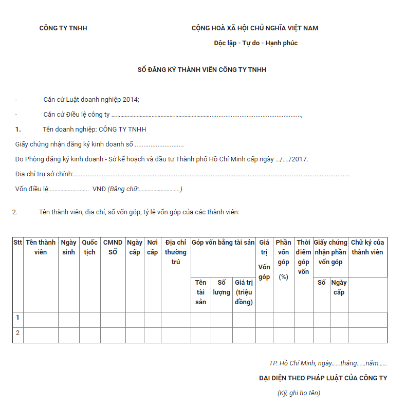Sổ đăng ký thành viên của công ty TNHH hai thành viên trở lên